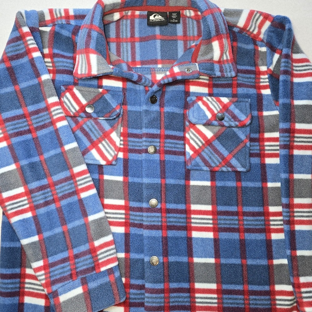 Quiksilver Youth Boys Fleece‎ Shirt Jacket L 14/16 Blue Plaid Snap Shacket...